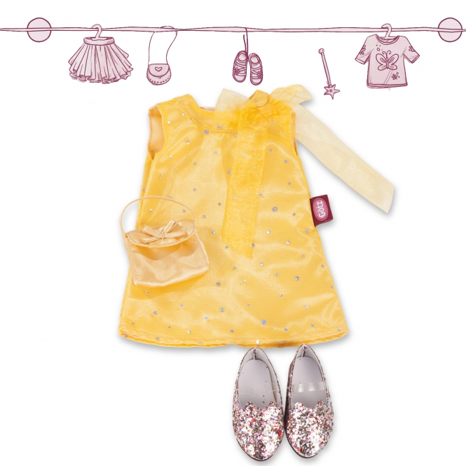 kollane kleit, kuldne kott ja kingad 45-50 cm